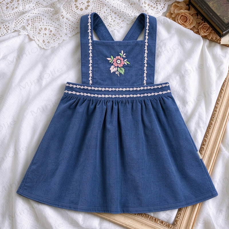Toddler Girl Floral Embroidered Blue Corduroy Pinafore Dress - Blue - 4-5T - image 1