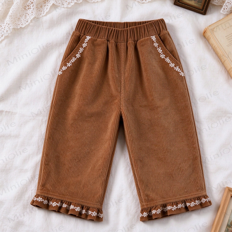 Toddler Girl Floral Embroidered Brown Corduroy Pants - Brown - 4-5T - image 1