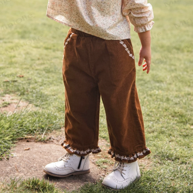 Toddler Girl Floral Embroidered Brown Corduroy Pants - image 2