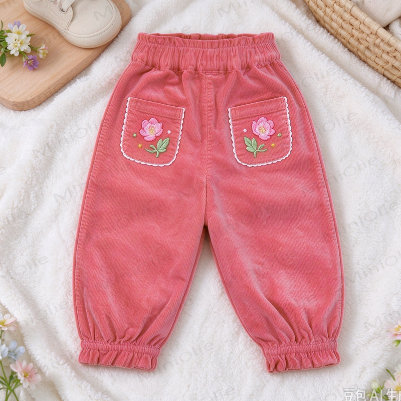 Toddler Girl Floral Embroidered Pink Corduroy Pants - Pink - 4-5T - image 1