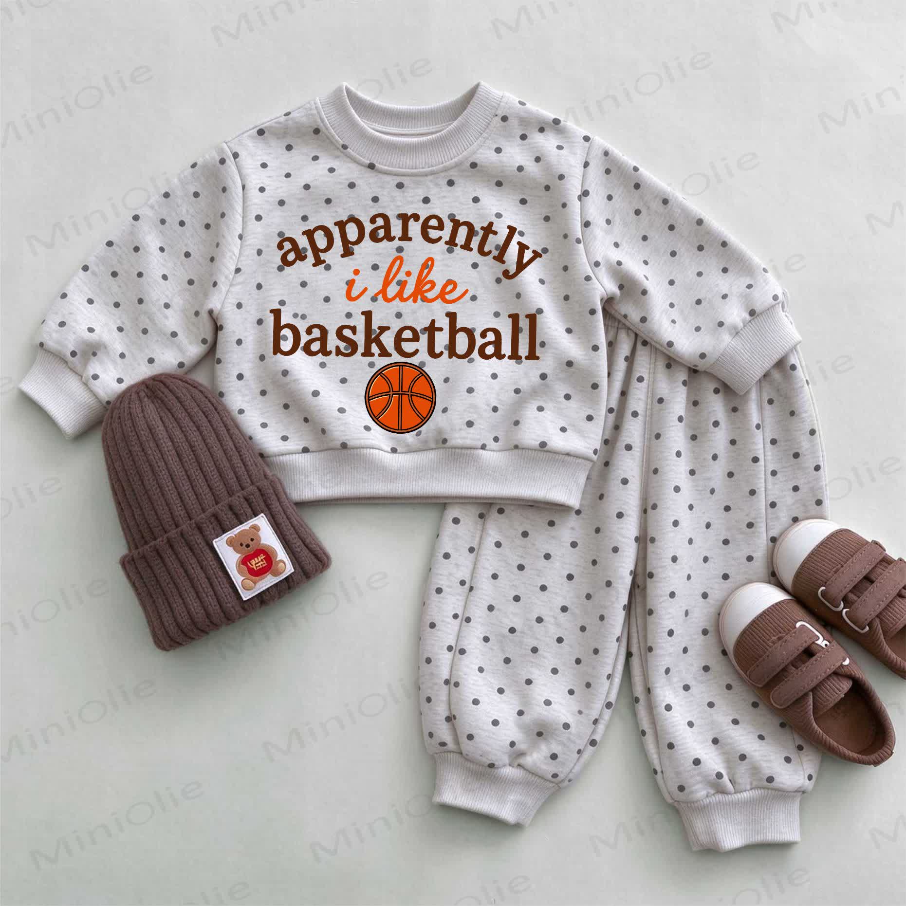 APPARENTLY I LIKE BASKETBALL Baby Light Gray Basketball Polka Dot Sweatshirt Set - Light Gray - 2-3T - image 1