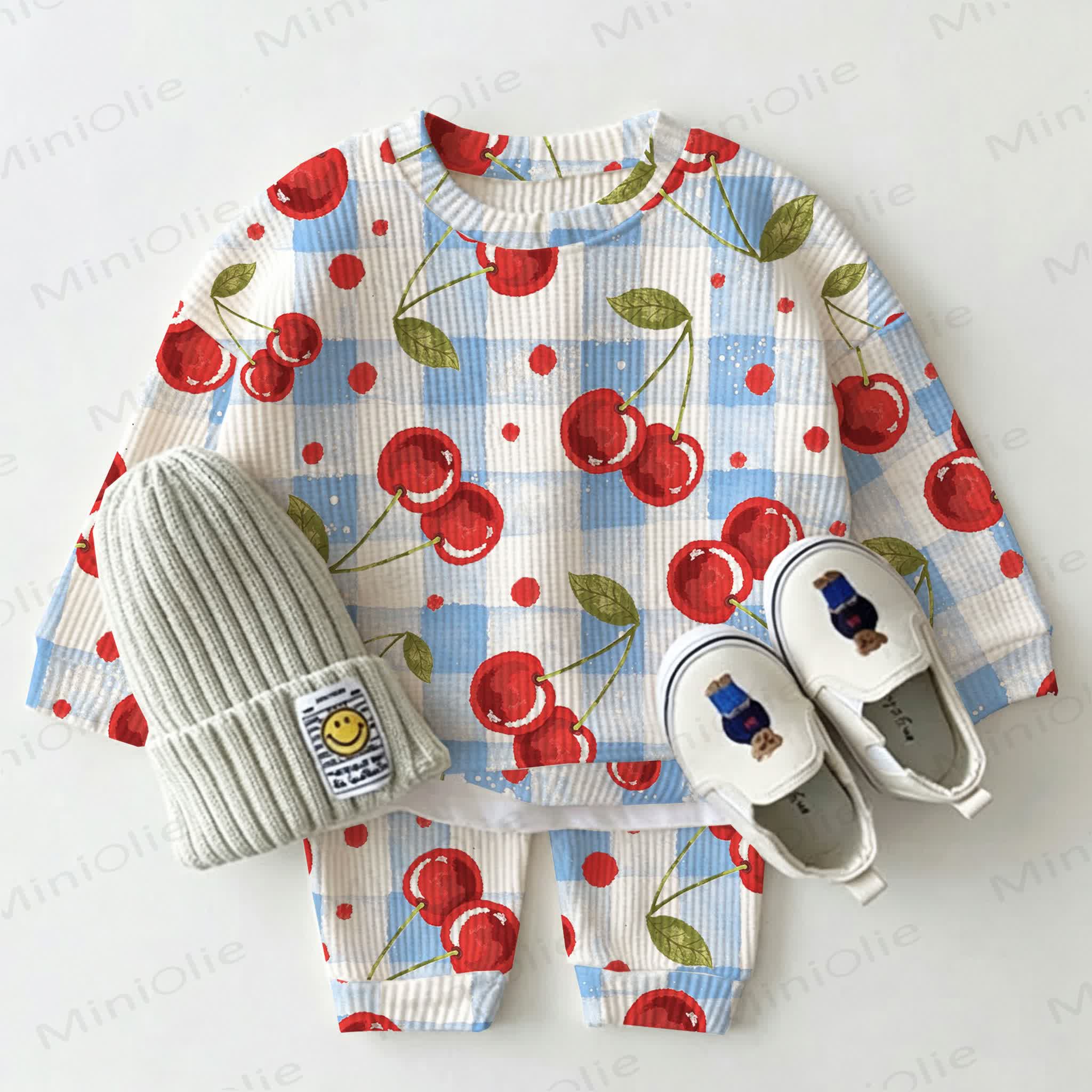 Baby Cherry Blue Checkered White Waffle 2-piece Set - White - 2-3T - image 1