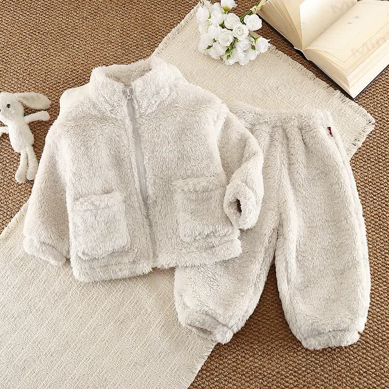 Toddler Cozy Coral Fleece Zip Up Jacket and Pants Set - White - 4-5T - image 2