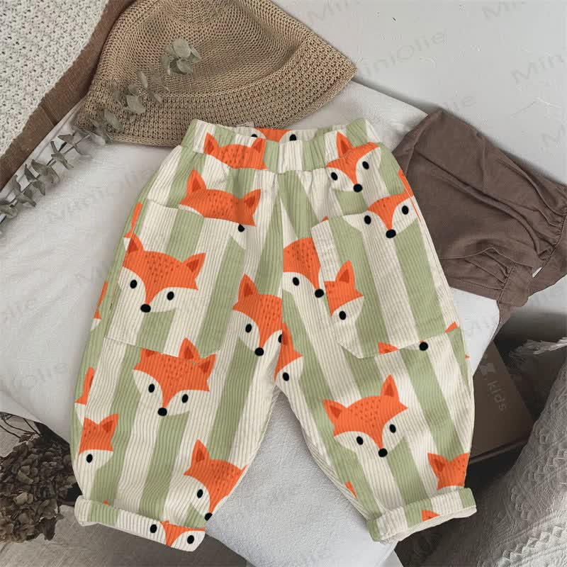 Baby Toddler Green Striped Fox Corduroy Pants - Green - 3-5T - image 1