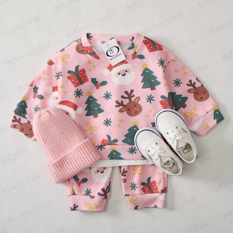 Baby Pink Santa Print Waffle 2-piece Set - Pink - 2-3T - image 1