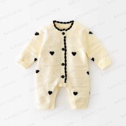 Baby Girl Heart Button Front Beige Romper - image 2