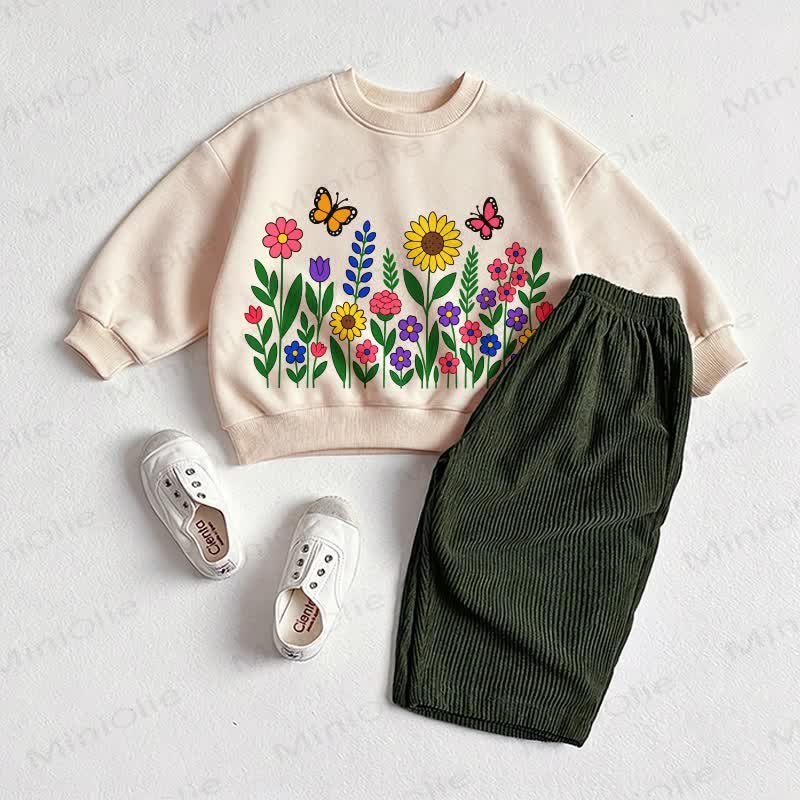 Baby Flower and Butterfly Sweatshirt and Pants 2-piece Set - Beige&Green - 2-3T - image 1