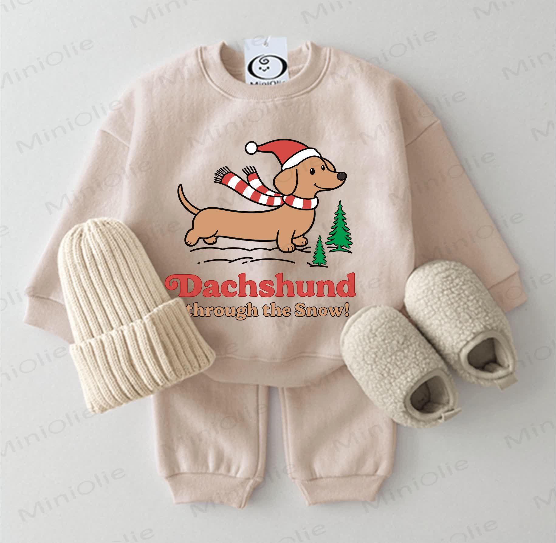  DACHSHUND THROUGH THE SNOW! Baby Christmas Dachshund Beige Sweatshirt 2-piece Set - Beige - 2-3T - image 1