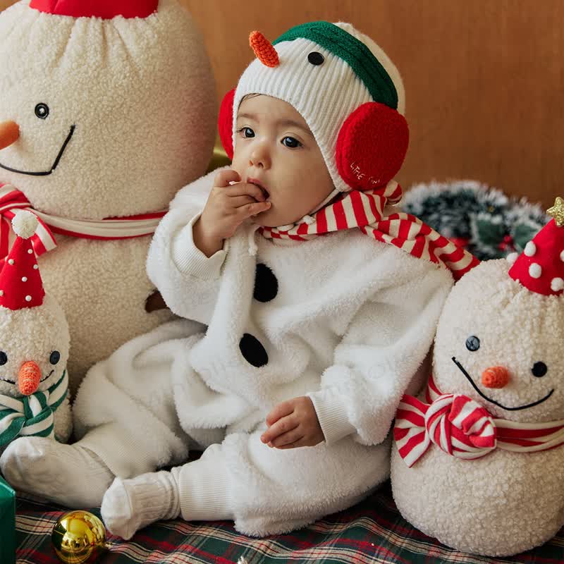 Baby Fleece Snowman Christmas Romper With Red White Striped Scarf Or Snowman Hat - image 1