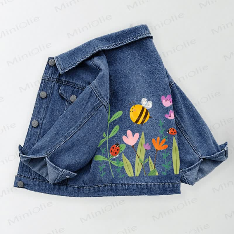Toddler Kid Flowers and Insects Print Denim Jacket - Blue - 10-11T - image 1