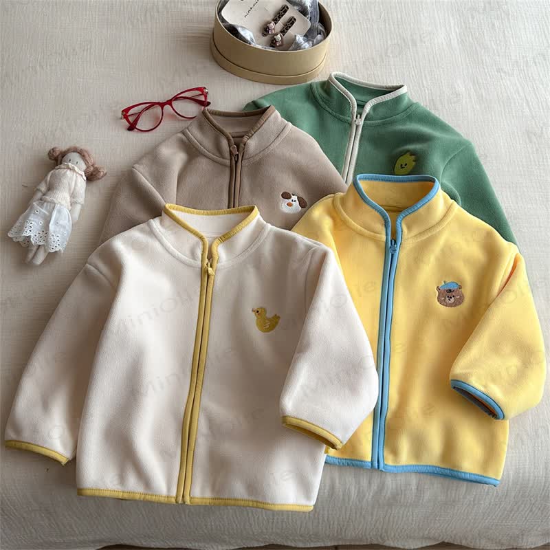 Toddler Kid Fleece Cute Bear Duck Dog Trim Zip Up Outerwear Or Beige Ribbed Sweater - image 1