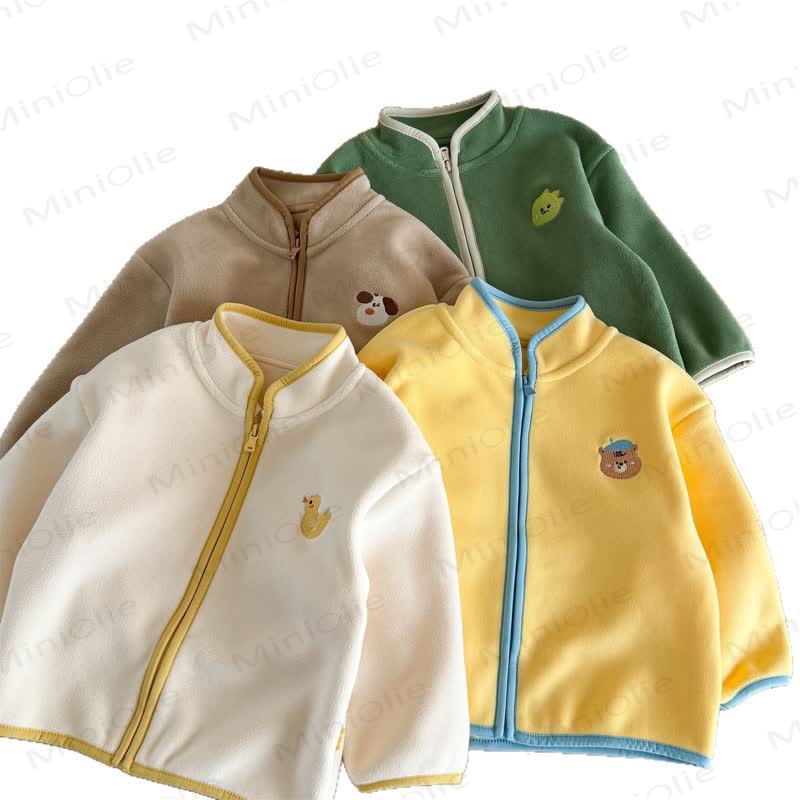 Toddler Kid Fleece Cute Bear Duck Dog Trim Zip Up Outerwear Or Beige Ribbed Sweater - Khaki - 8-9T - image 2