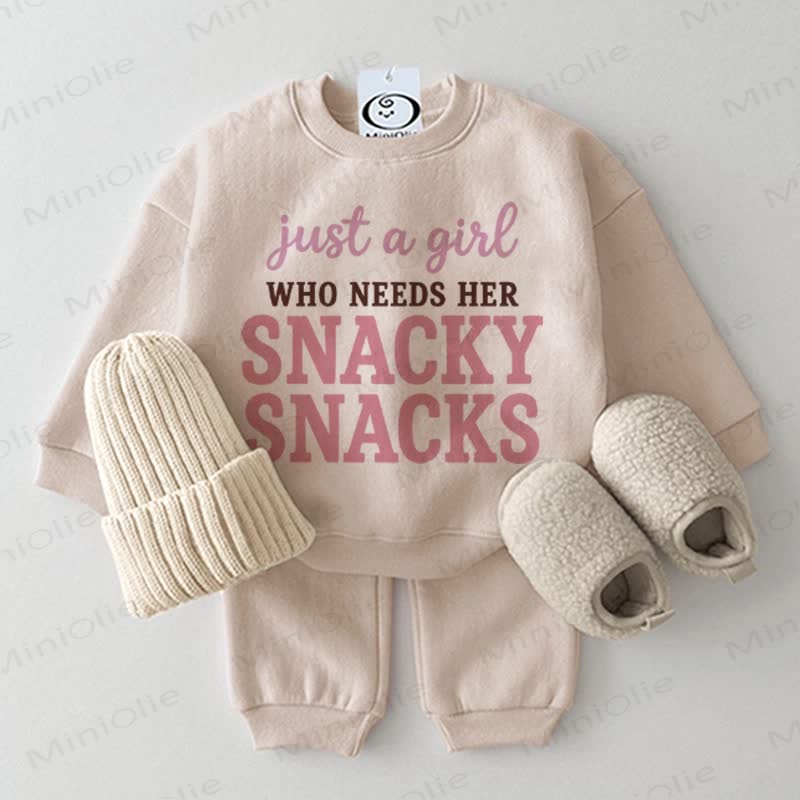 JUST A GIRL WHO NEEDS HER SNACKY SNACKS Baby Beige Sweatshirt 2-piece Set - Beige - 2-3T - image 1