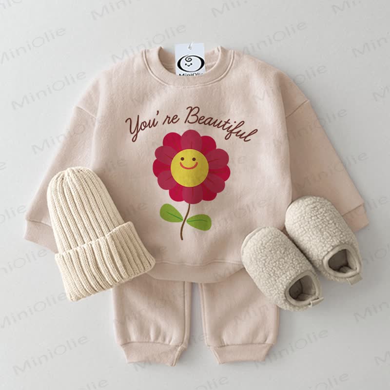 YOU'RE BEAUTIFUL Baby Sunflower Beige Sweatshirt 2-piece Set - Beige - 2-3T - image 1