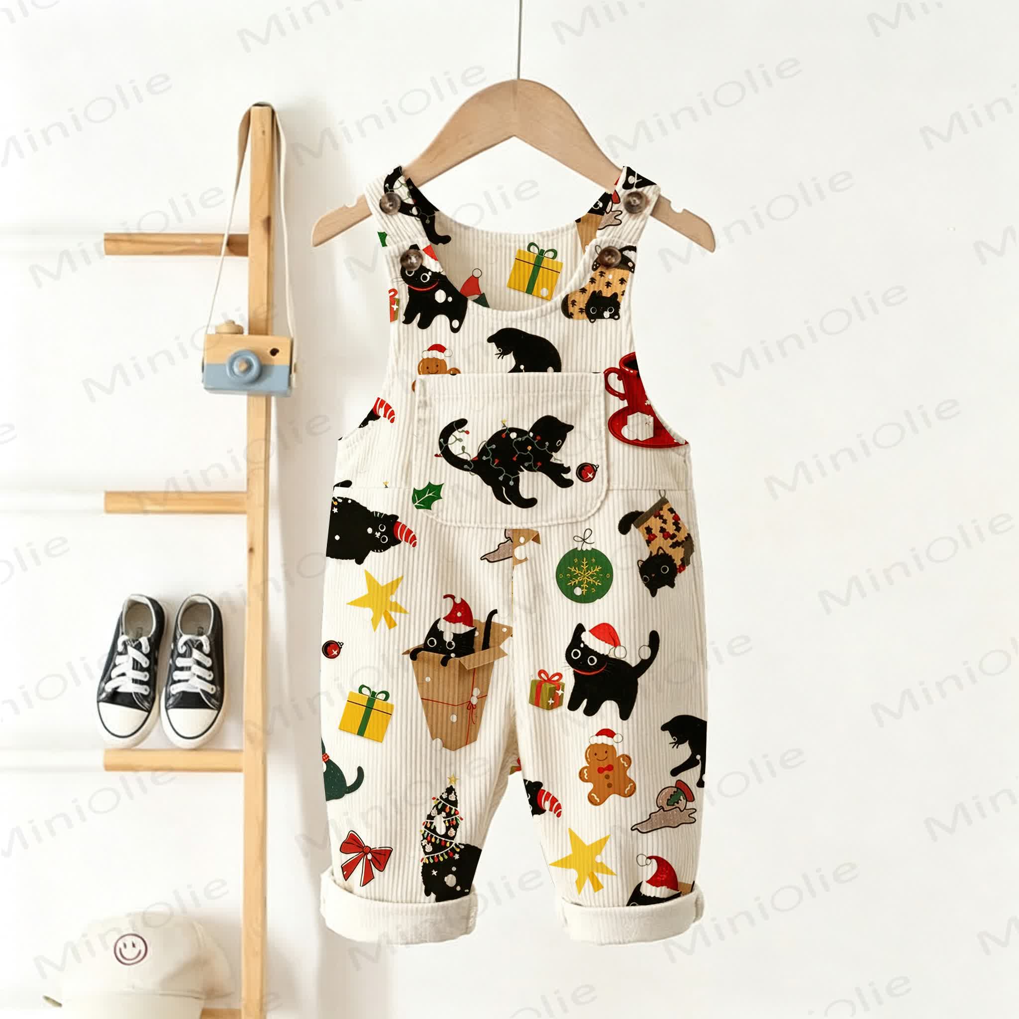 Baby Toddler Christmas Cat Print Corduroy Overalls - Beige - 3-5T - image 1