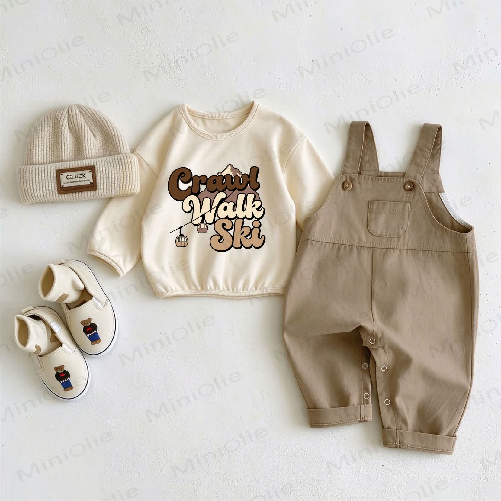 CRAWL WALK SKI Baby Overalls and Sweatshirt 2-piece Set - Beige&Khaki - 2-3T - image 1
