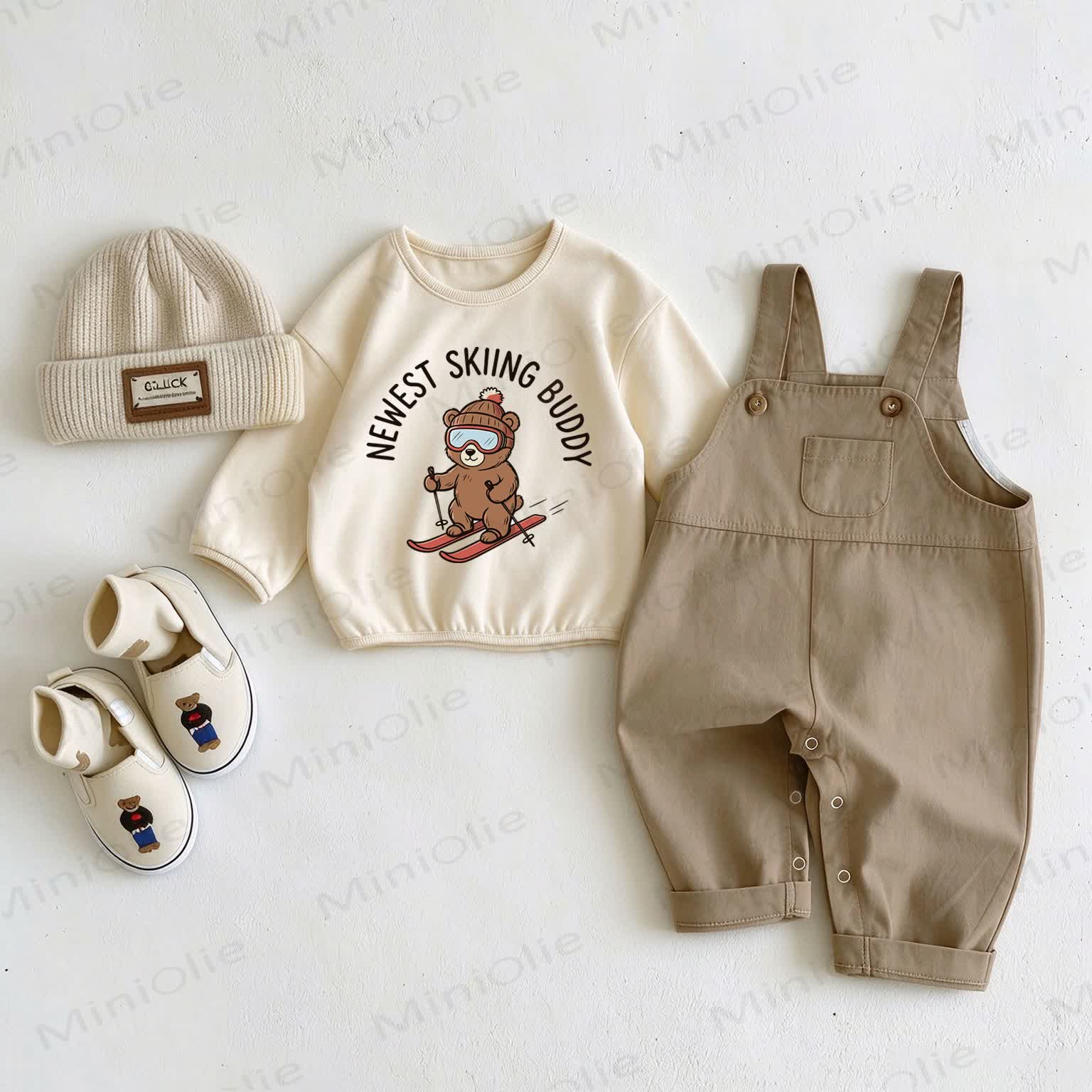 NEWEST SKIING BUDDY Baby Overalls and Sweatshirt 2-piece Set - Beige&Khaki - 2-3T - image 1