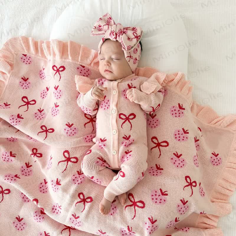 Baby Pink Strawberry Bow Knit Romper or Headband - image 1