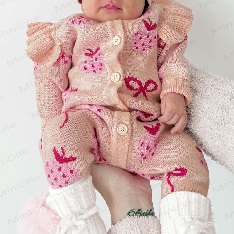 Baby Pink Strawberry Bow Knit Romper or Headband - Pink - 18-24M - image 2