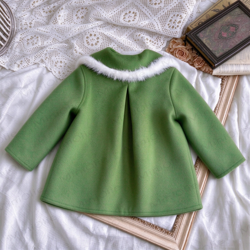 Toddler Girl Green Faux Fur Collar Wool Coat - image 2