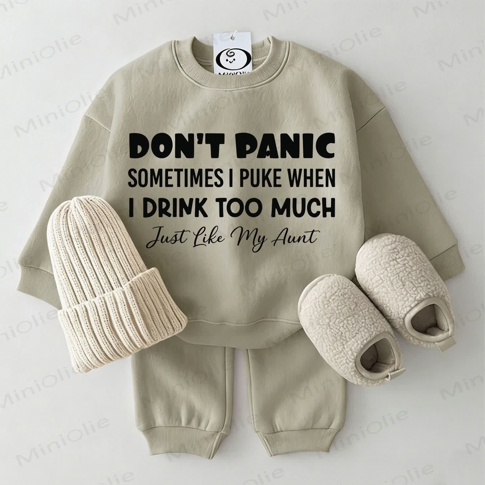 DON'T PANIC SOMETIMES I PUKE WHEN I DRINK TOO MUCH JUST LIKE MY AUNT Baby Grey Green Sweatshirt 2-piece Set - Grey Green - 2-3T - image 1