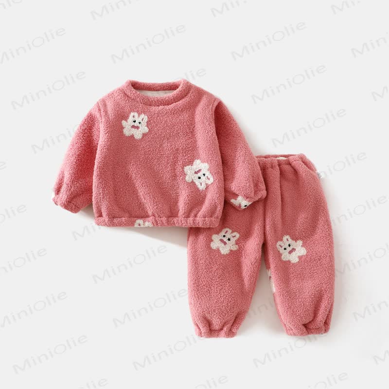 Toddler Cozy Cartoon Print Fleece Top and Jogger Set - Pink - 5-6T - image 2