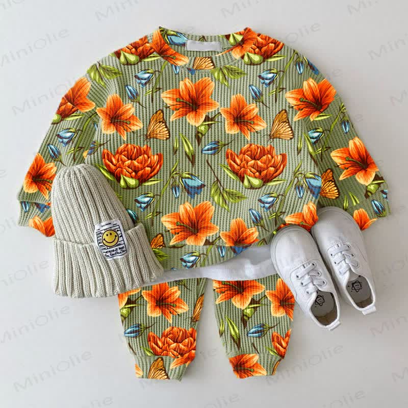 Baby Flower Butterfly Print Green Waffle 2-piece Set - Green - 2-3T - image 1