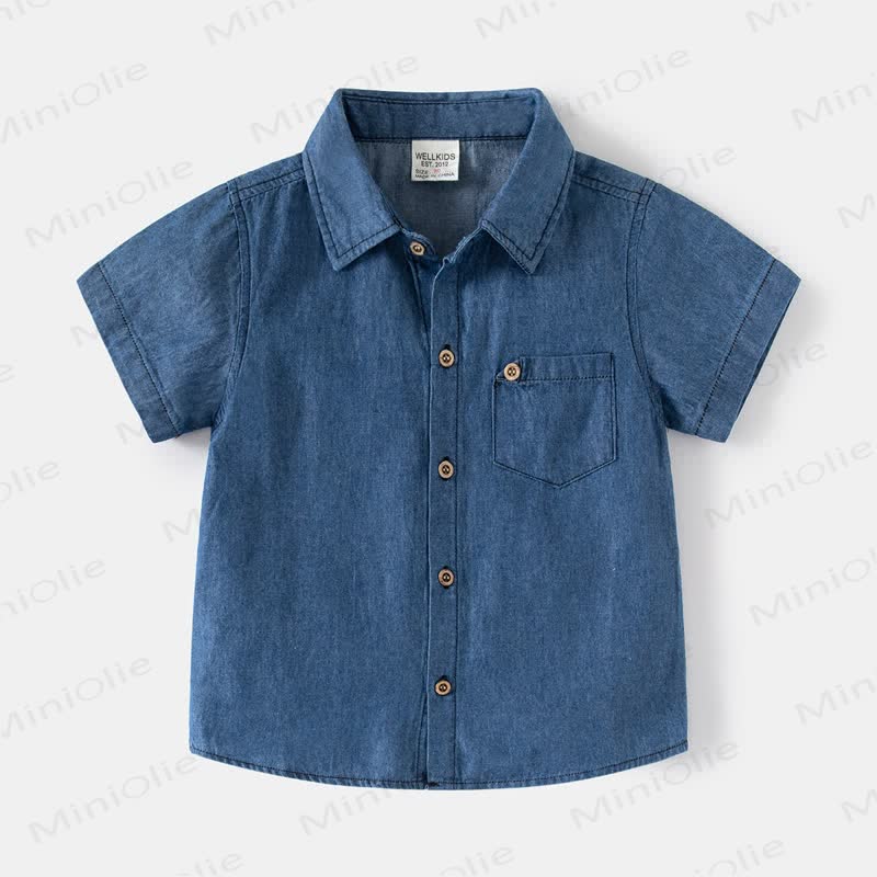 Toddler Boy Short-sleeved Denim Shirt - Dark Blue - 8Y - image 2