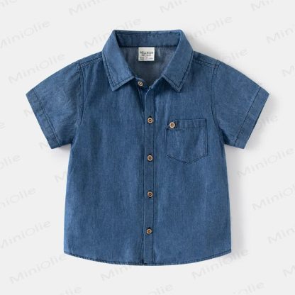 Toddler Boy Short-sleeved Denim Shirt - Dark Blue - 8Y - image 2