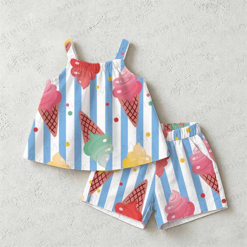 Baby Toddler Ice Cream White&Blue Striped Strap Top and Shorts 2-piece Set - White&Blue - 3-5T - image 1
