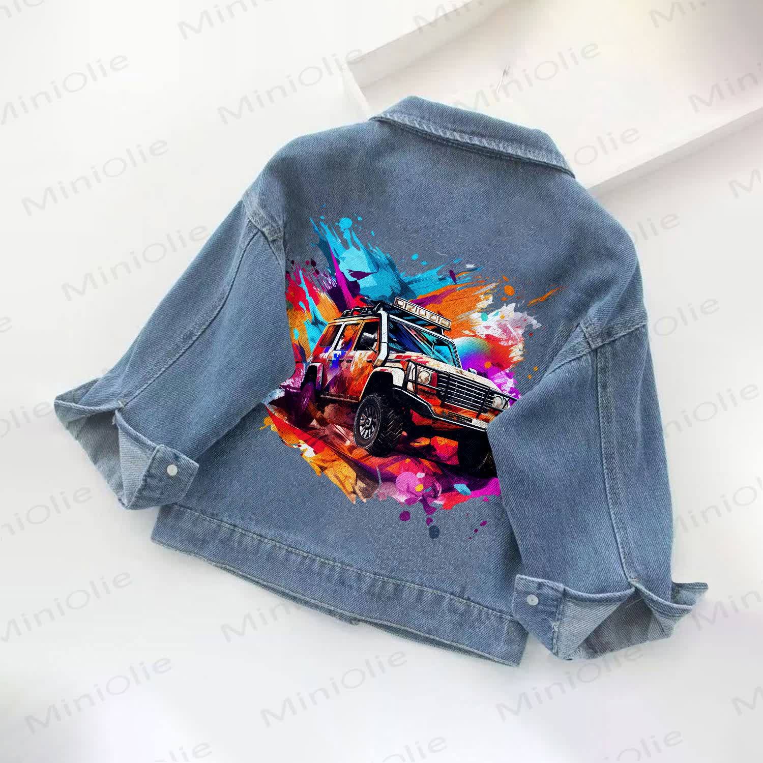 Toddler Kid Vehicle Print Denim Jacket - Blue - 10-11T - image 1