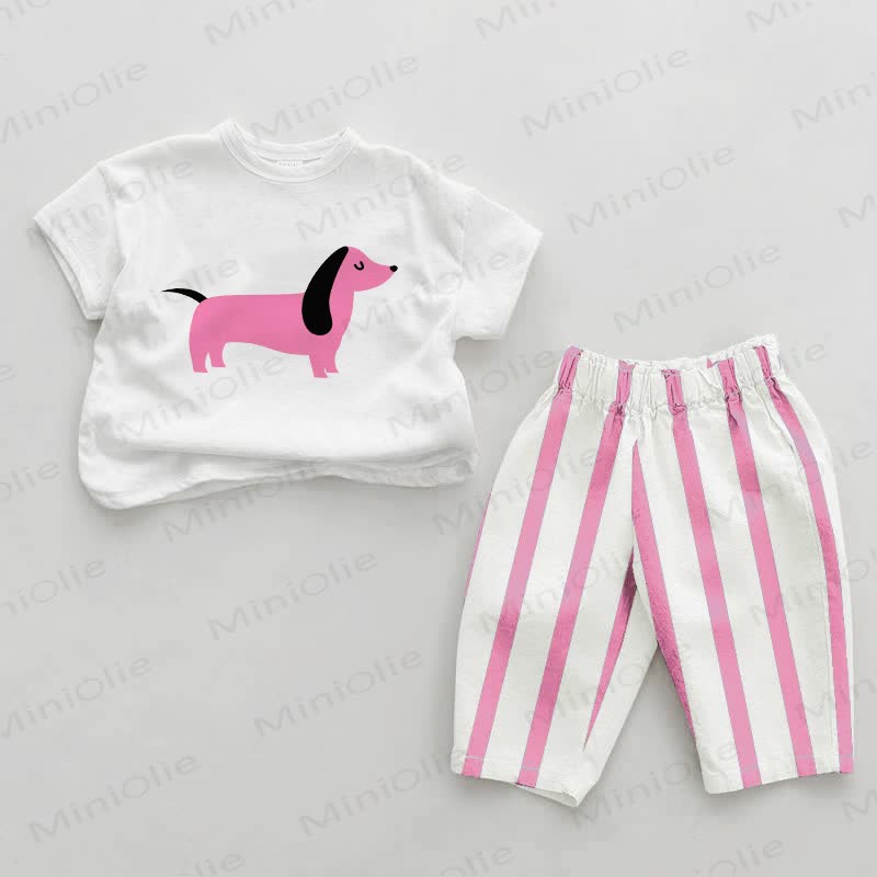 Baby Pink Daschund Vertical Striped 2-piece Set - White&Pink - 2-3T - image 1
