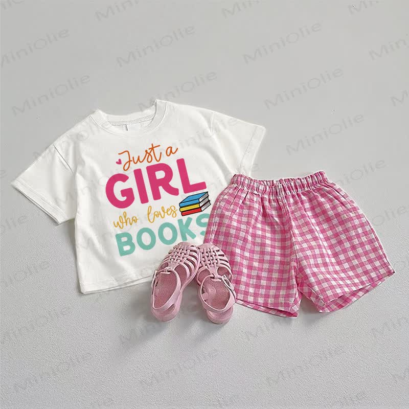 JUST A GIRL WHO LOVES BOOKS Baby Tee and Plaid Shorts 2-Piece Set - White&Pink - 3-5T - image 1