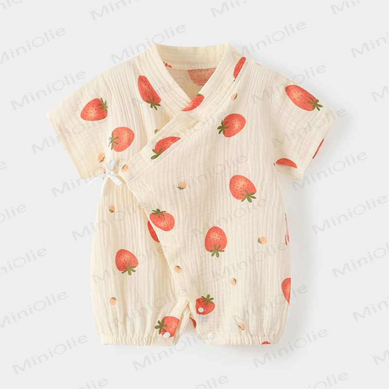 Baby Cartoon Printed Kimono Beige Romper - Strawberry - 18-24M - image 3