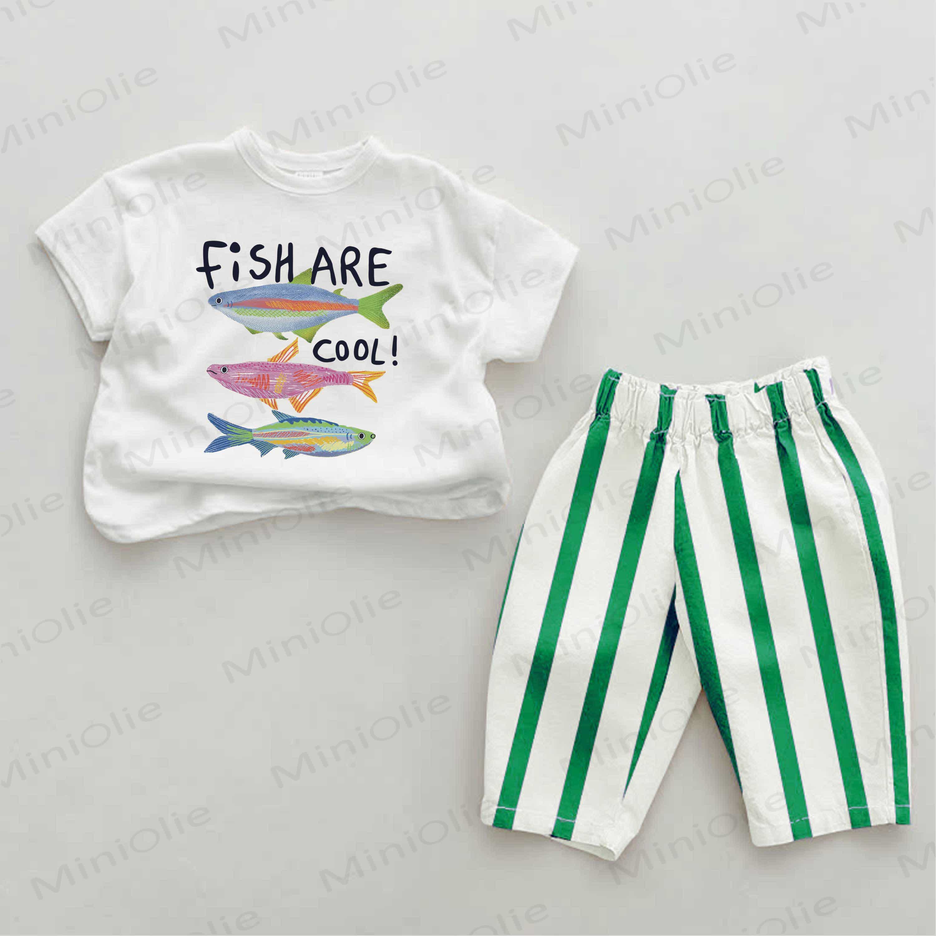 FISH ARE COOL Baby Green Fish Print Striped 2-piece Set - Green&White - 2-3T - image 1
