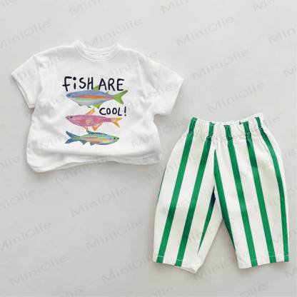 FISH ARE COOL Baby Green Fish Print Striped 2-piece Set - Green&White - 2-3T - image 1