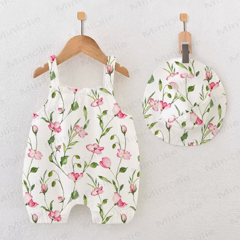 Baby Girl White Flower Print Romper with Hat - White - 18-24M - image 1