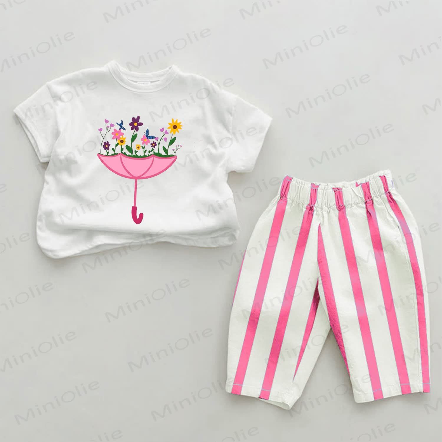Baby Pink Umbrella Flower Vertical Striped 2-piece Set - White&Pink - 2-3T - image 1