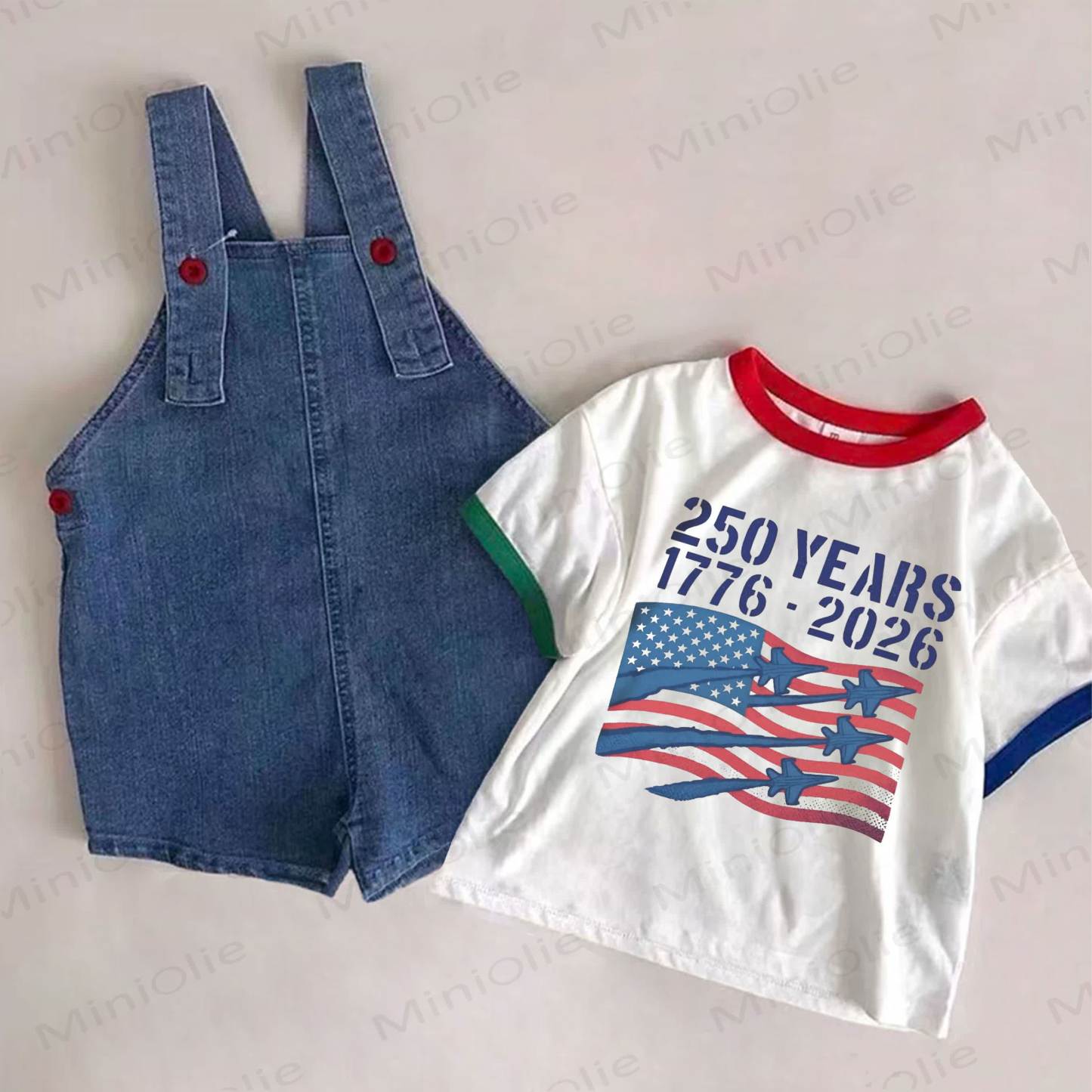 250 YEARS 1776-2026 Baby Denim Blue Overalls and Independence Day White Tee 2-piece Set - White&Blue - 2-3T - image 1