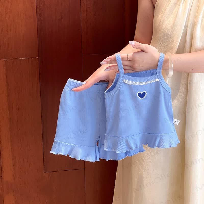 Baby Toddler Girl Heart Lace Trim Ribbed Cami Top and Shorts 2-piece Set - Blue - 4-5T - image 3
