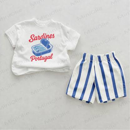 SARDINES PORTUGAL Baby Blue Slogan Vertical Striped 2-piece Set - White&Blue - 2-3T - image 1