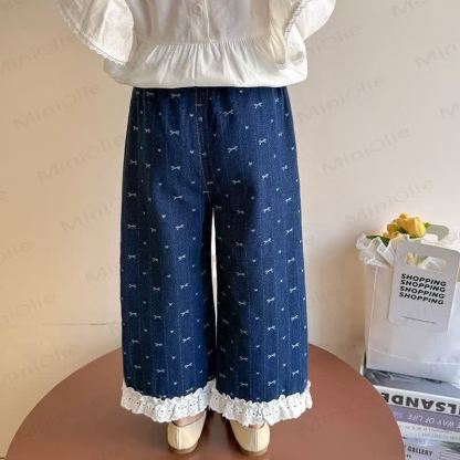 Baby Toddler Girl Bow Lace Printed Denim Pants - image 3