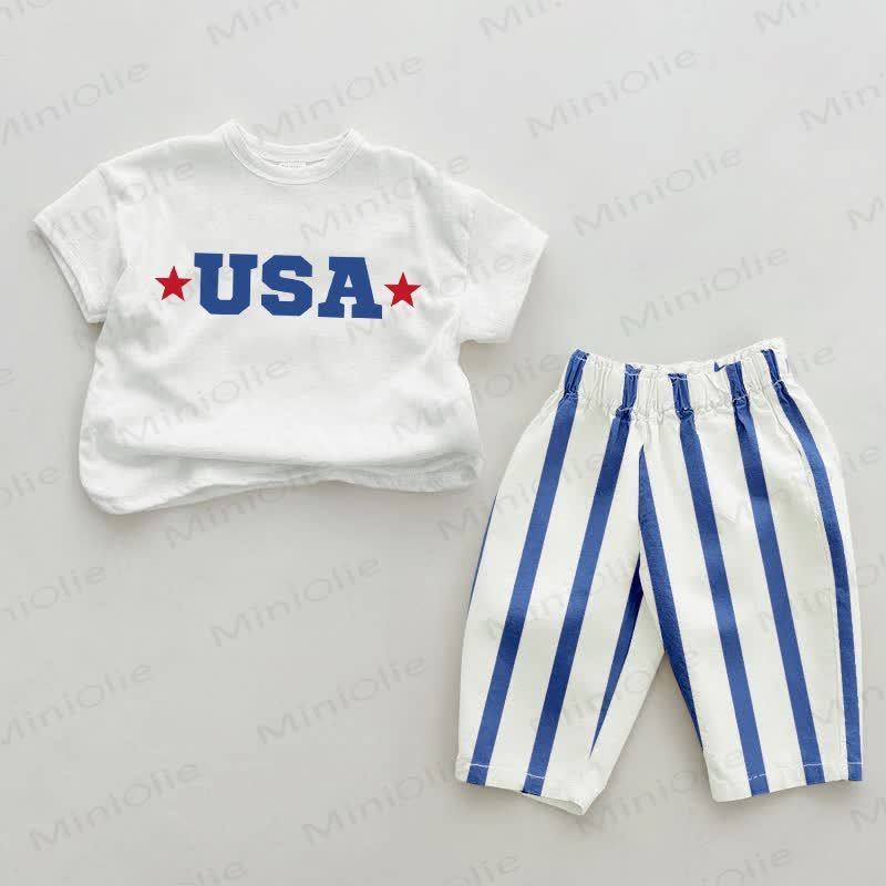USA Baby Blue Vertical Striped Pants 2-piece Set - White&Blue - 2-3T - image 1