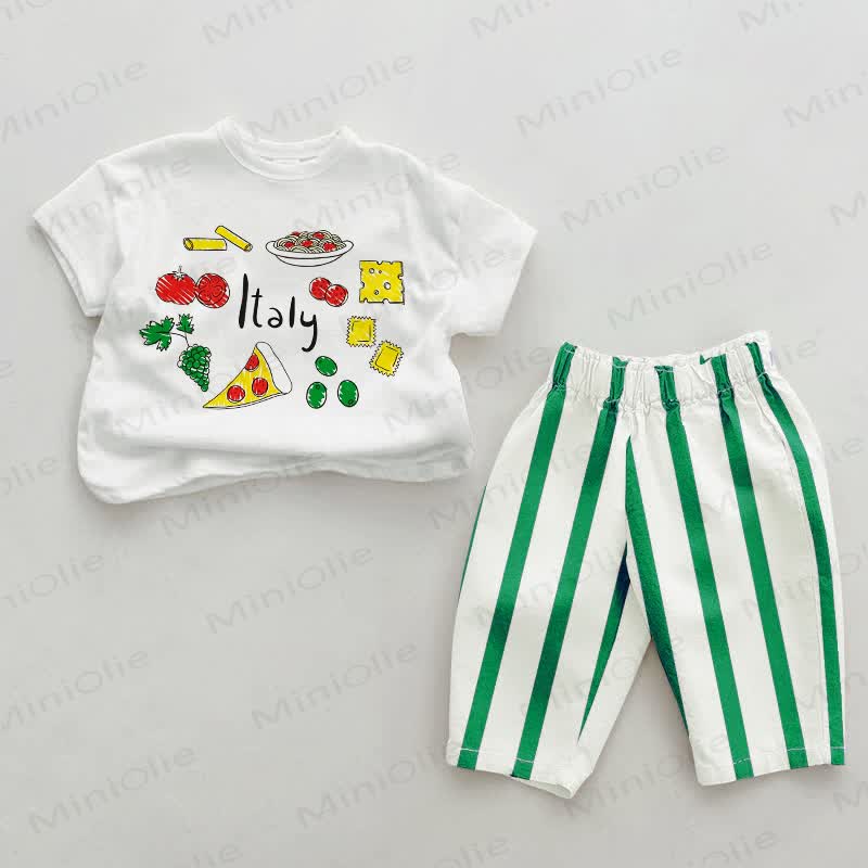 ITALY Baby Food Print Green Striped 2-piece Set - Green&White - 2-3T - image 1