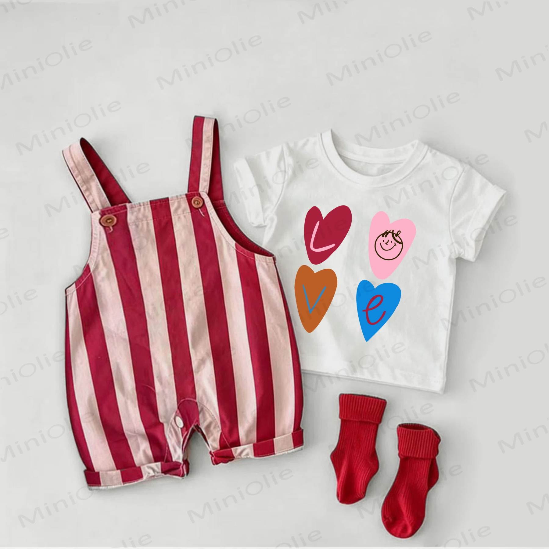LOVE Baby Heart Print Red Stripe Overalls and White Tee 2-piece Set - White&Red - 2-3T - image 1