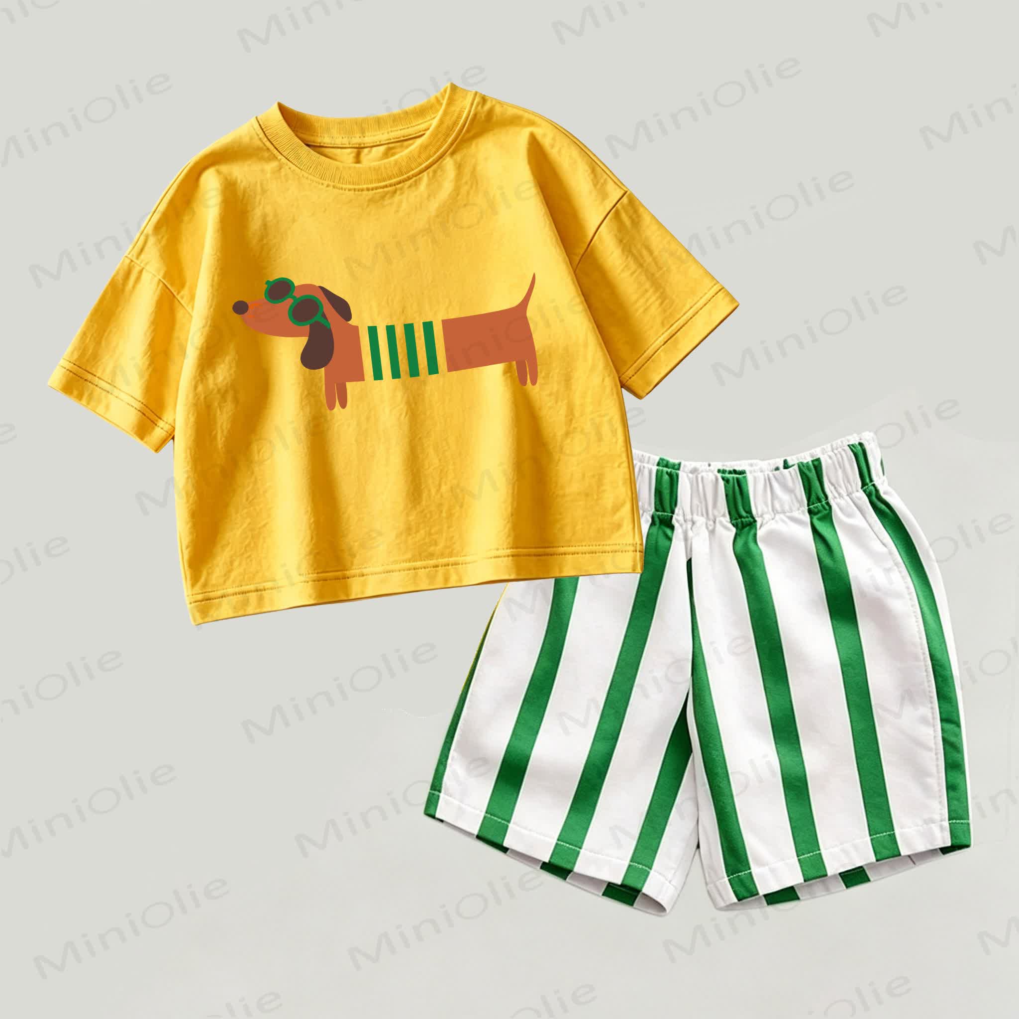 Baby Daschund Yellow&Green Top and Striped Shorts 2-piece Set - Yellow&Green - 2-3T - image 1