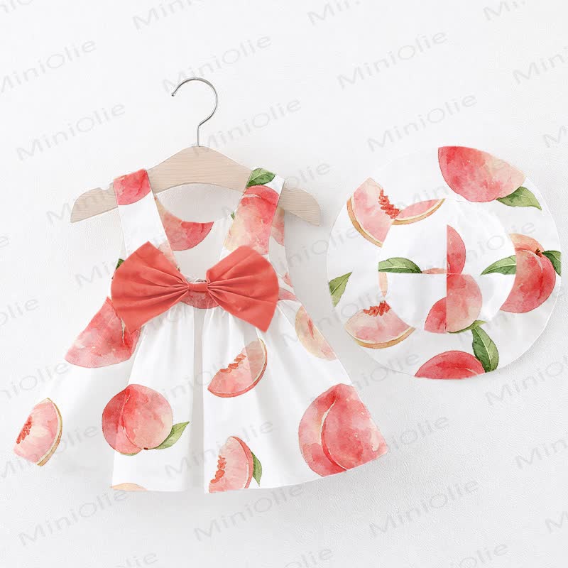Baby Girl Bowknot Peach Print Dress with Hat - White - 2-3T - image 1