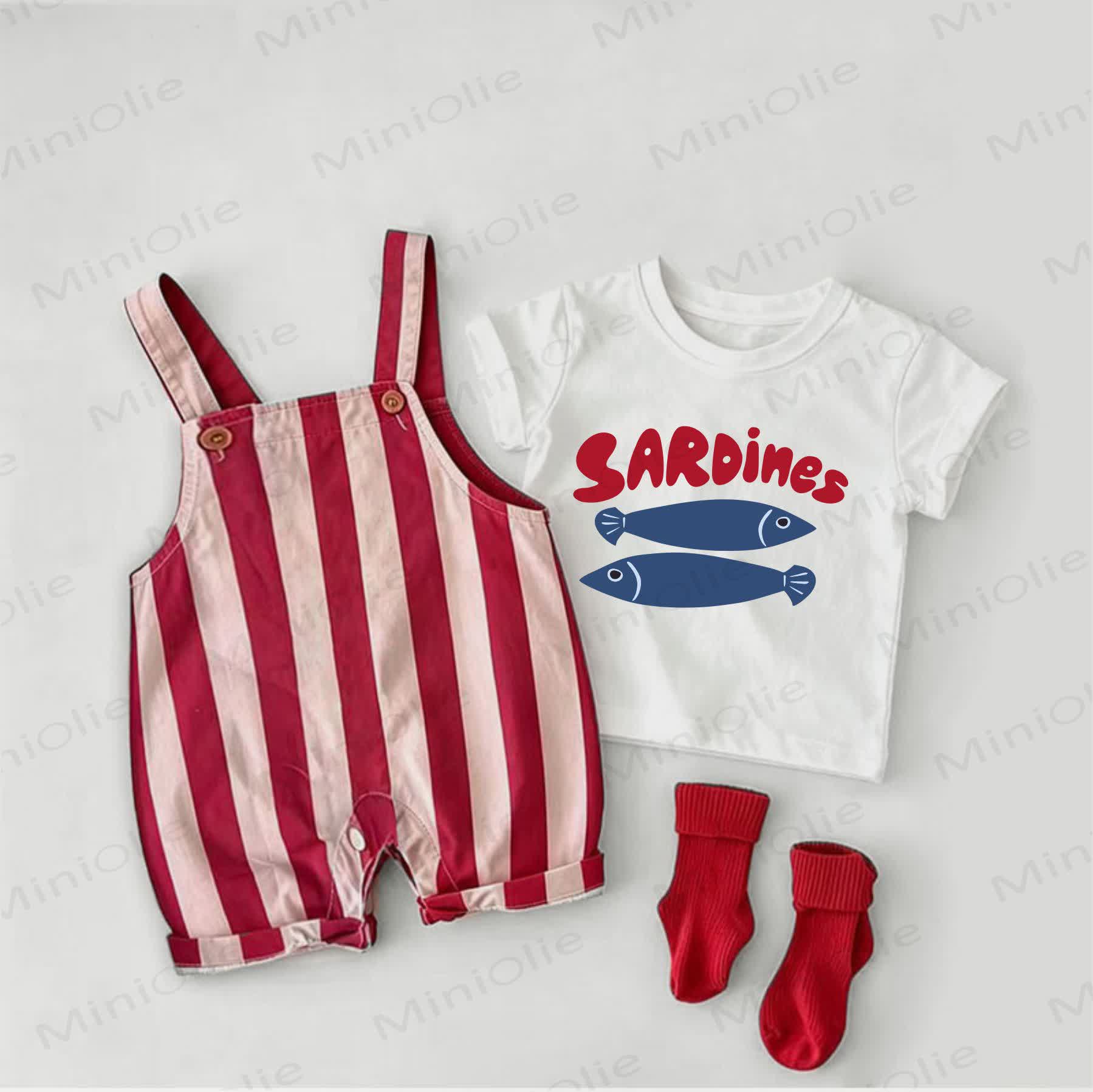 SARDINES Baby Sardines Print Red Stripe Overalls and White Tee 2-piece Set - White&Red - 2-3T - image 1
