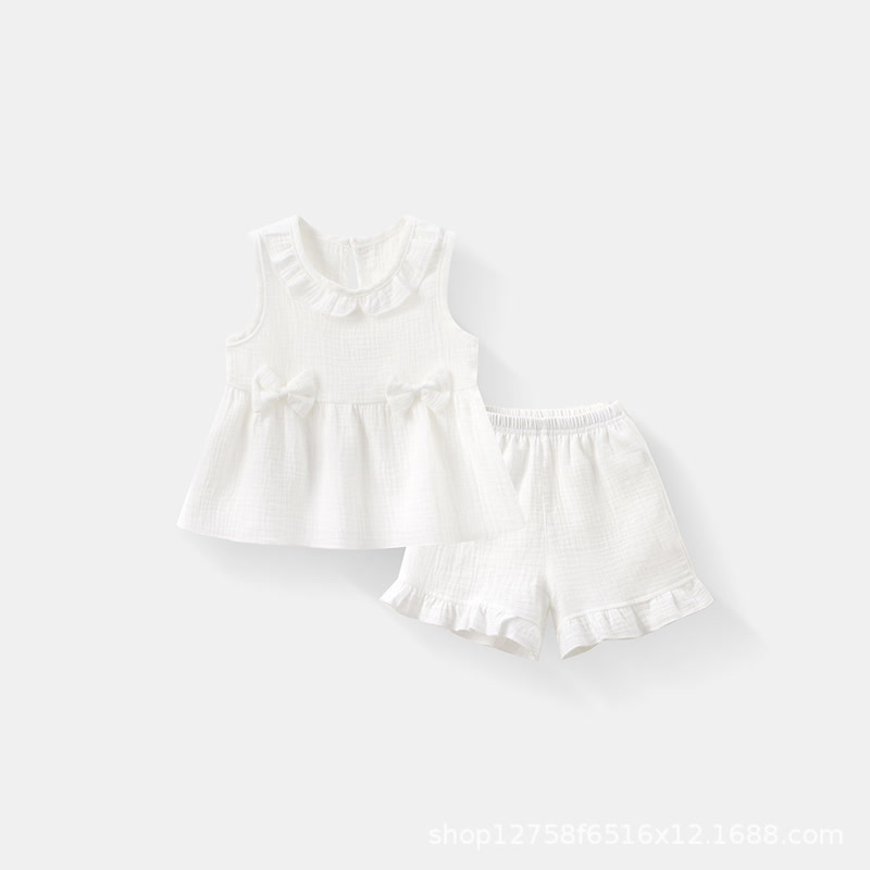 Toddler Girl Cotton Ruffle Solid Color Tank Top and Shorts Set  - White - 4-5T - image 2