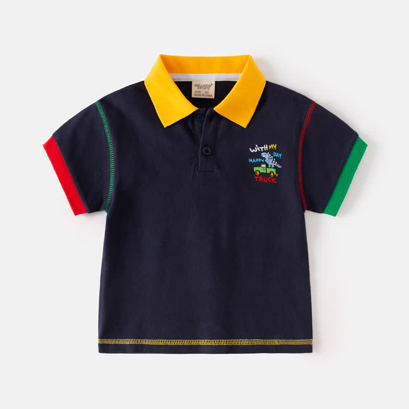 Kid Boy Embroidered Dinosaur Truck Polo Shirt - Navy Blue - 8Y - image 4